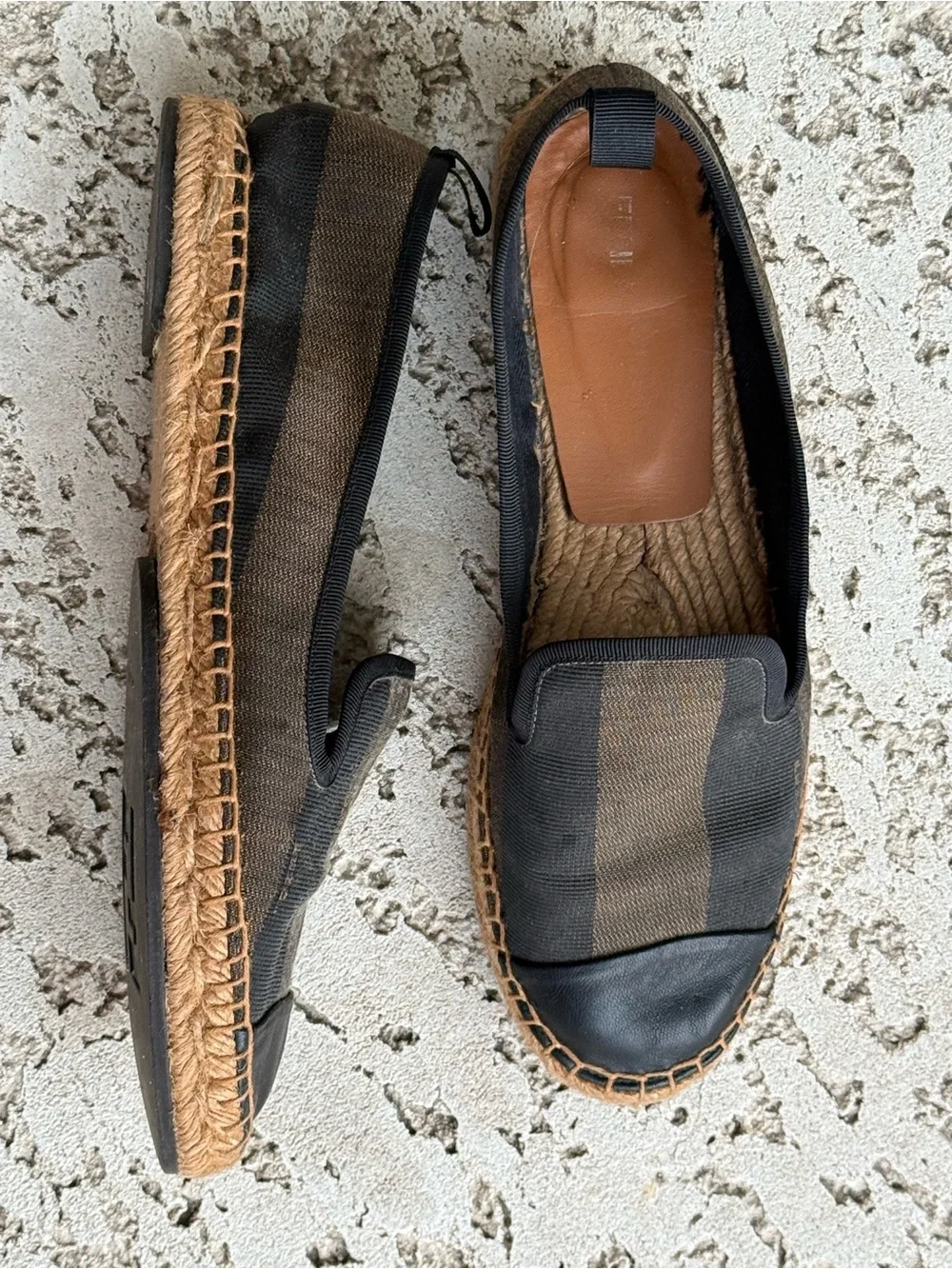 Fendi Women's Espadrilles in Black and Brown Striped Canvas